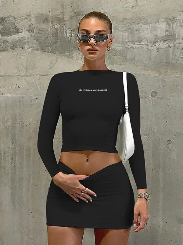 Uveng Letter Print Solid Turtleneck Short Sleeves Crop Top Skirts 2 Pcs Set Sexy Slim Summer Fashion Outfit Streetwear Sports
