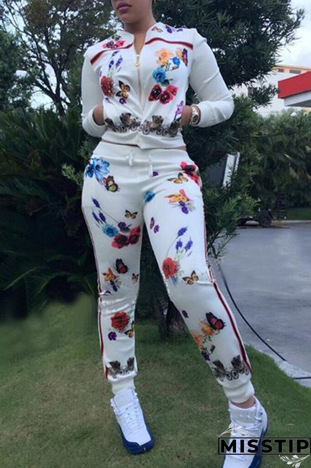 White Casual Printed Two-piece Pants Set