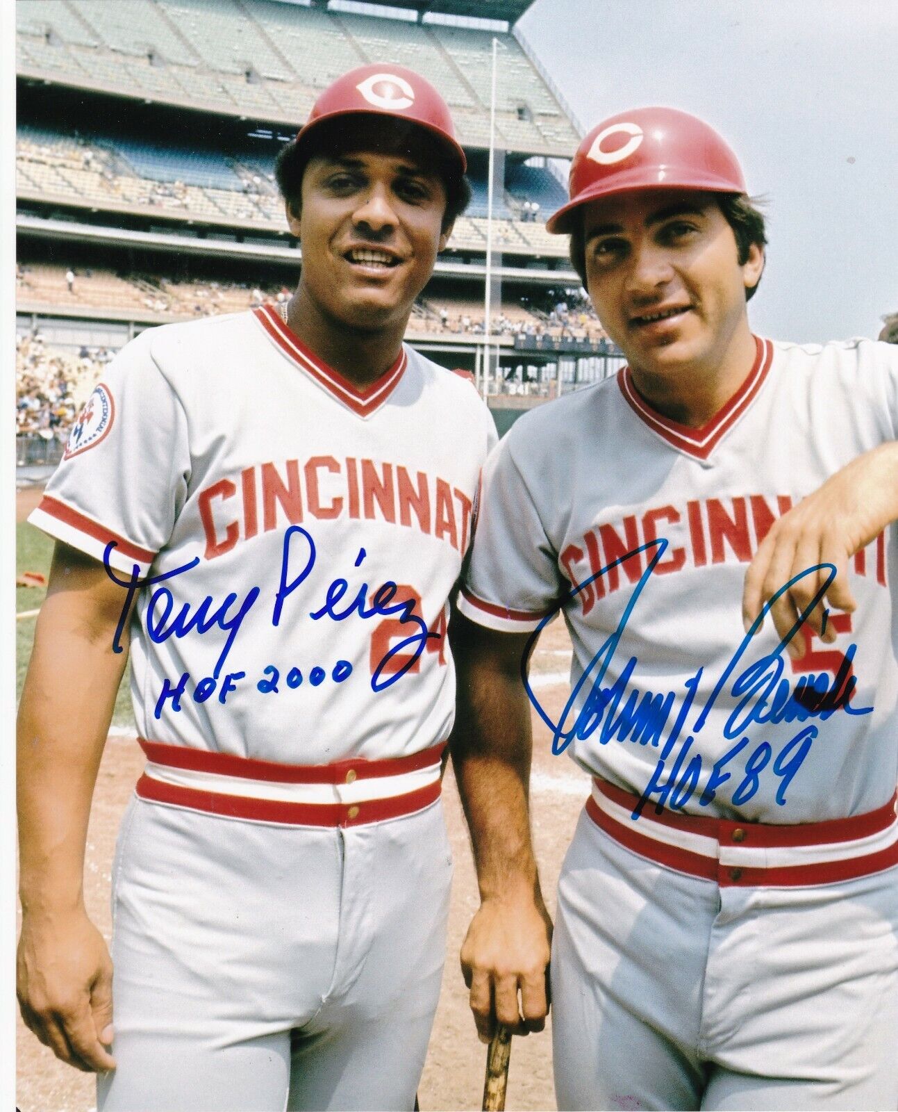 JOHNNY BENCH / TONY PEREZ CINCINNATI REDS HOF ACTION SIGNED 8x10