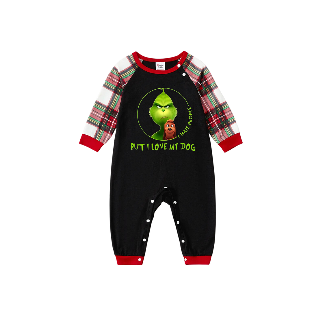 'I Hate People But I love My Dog' Text With Green Cartoon Characters and Dog Pattern Black Top Red&White&Green Plaid Pants Family Matching Pajamas