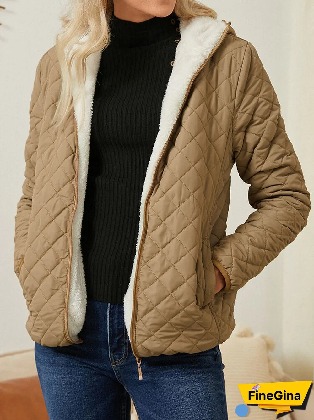 Solid Plush Zip Front Pocket Hooded Long Sleeve Coat
