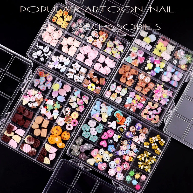 Hot Square Box 12 Grid Bow Cartoon Nail Resin Mixed Decorations Suit In Stock