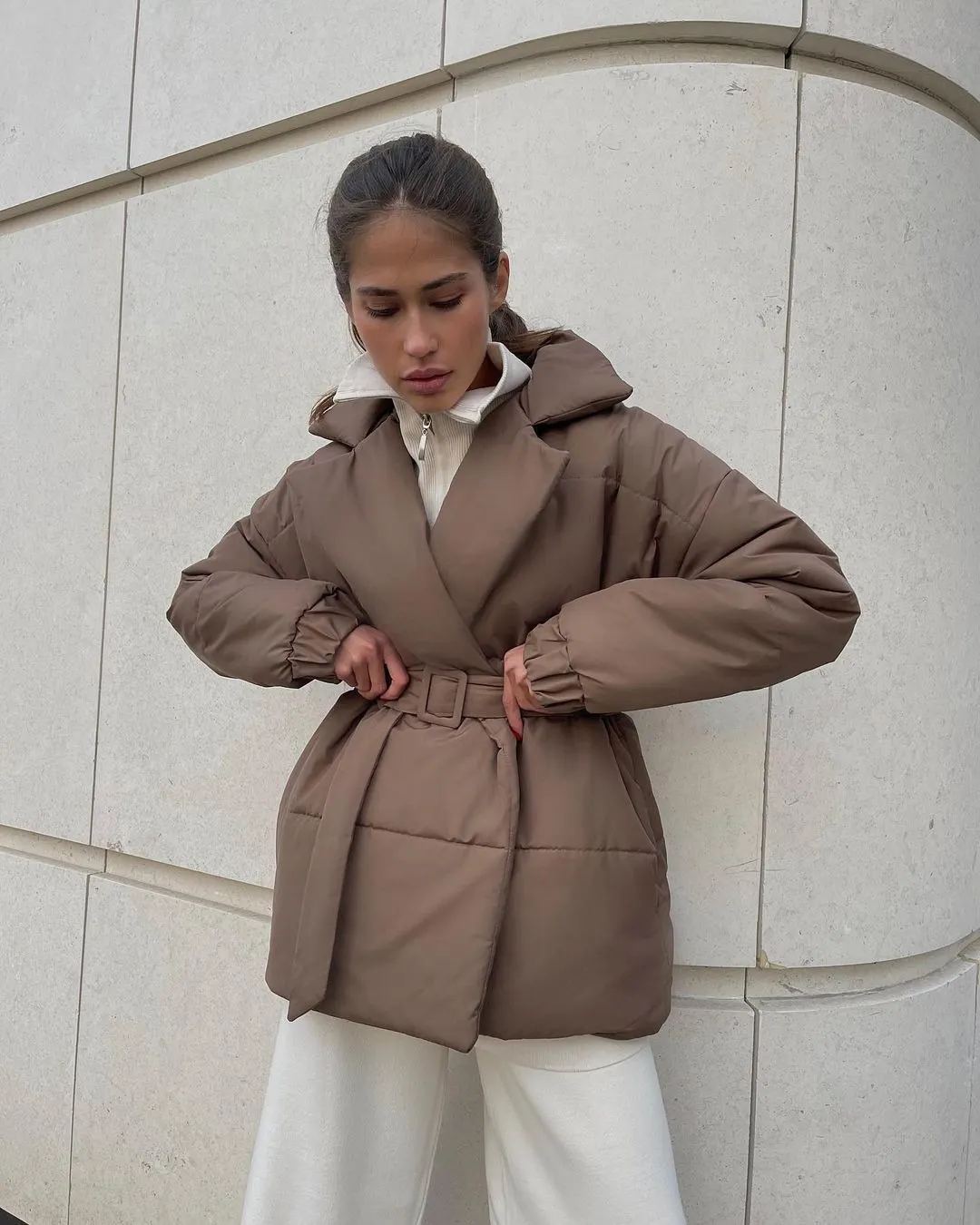 Nigikala Nigikala Winter New Thickened Collared Waist Cotton Coat Thin Solid Cotton Coat Woman