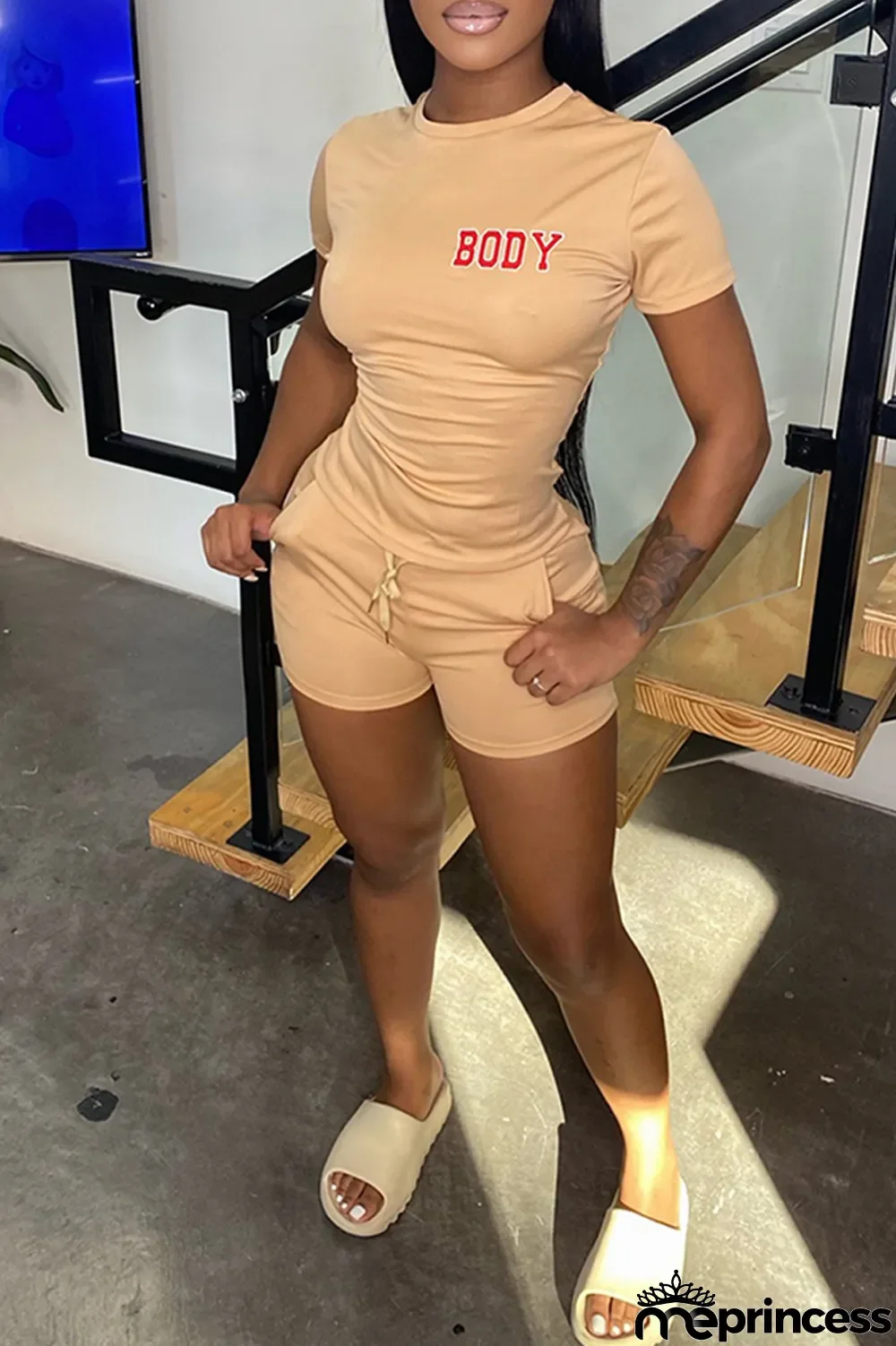 Black Fashion Casual Letter Print Basic O Neck Short Sleeve Two Pieces