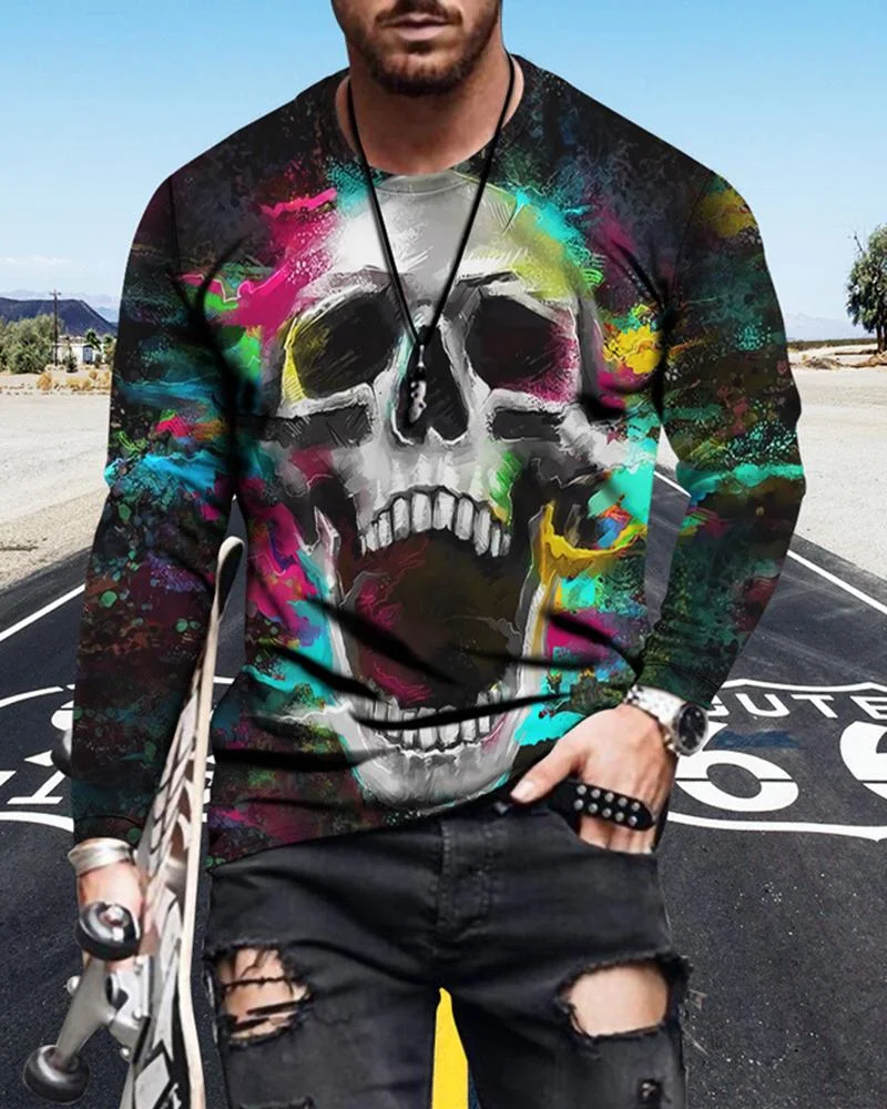 men's abstract skull print long-sleeved T-shirt