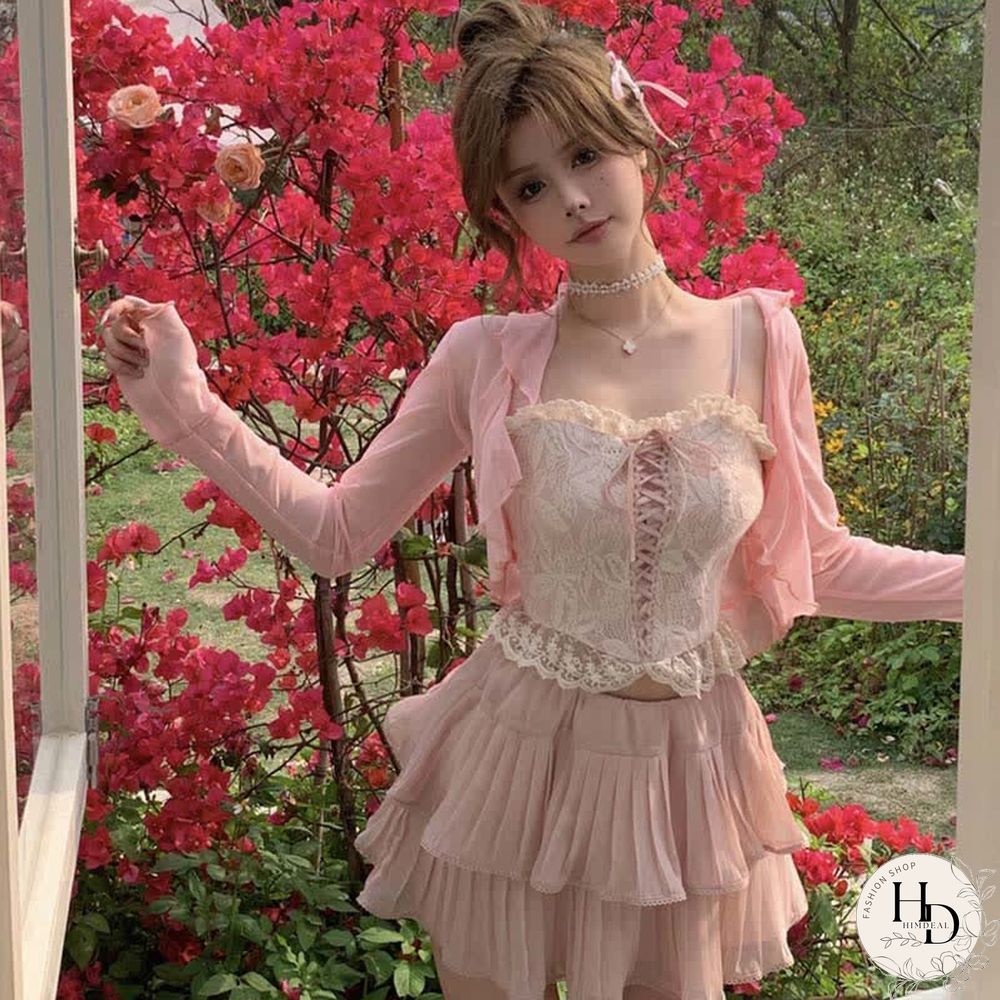 Pure Color Cardigan Lace-up Lace Corset Top Layered Mini Skirt