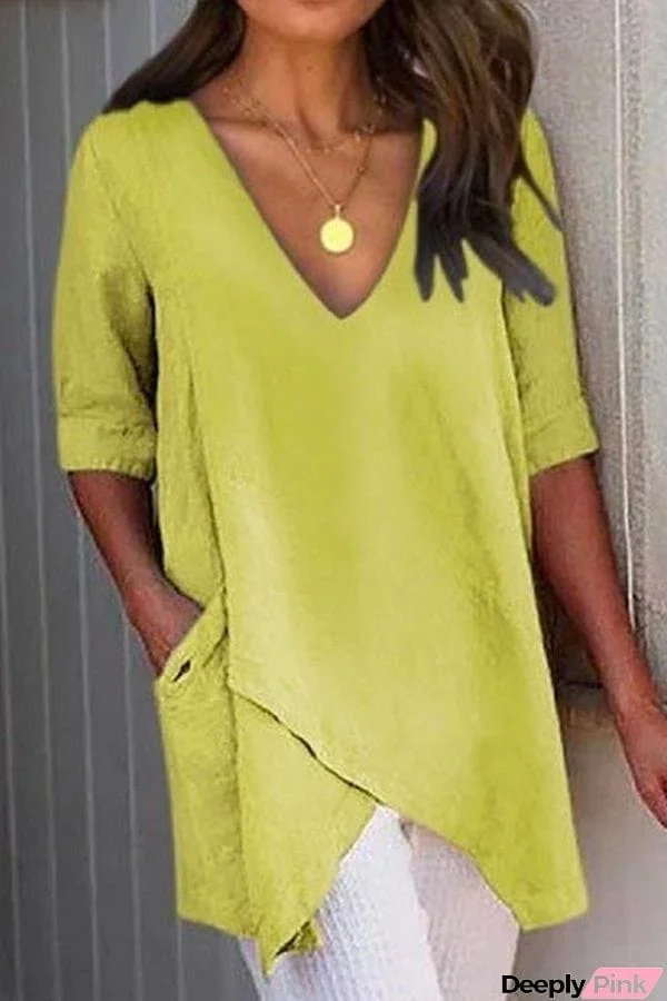 V Neck Irregular Hem Half Sleeve Top