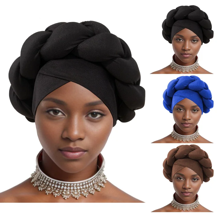3 Color Braid Twist Turban Cap Soft Solid Color Elegant Head Wrap（Black Coffee Blue）