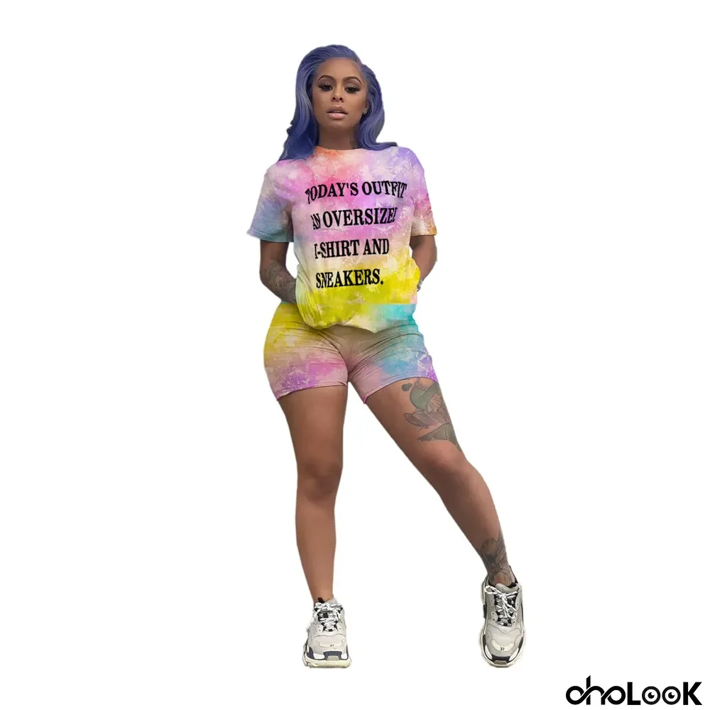 Plus Size Tie Dye Letter Print Two Piece Shorts Set