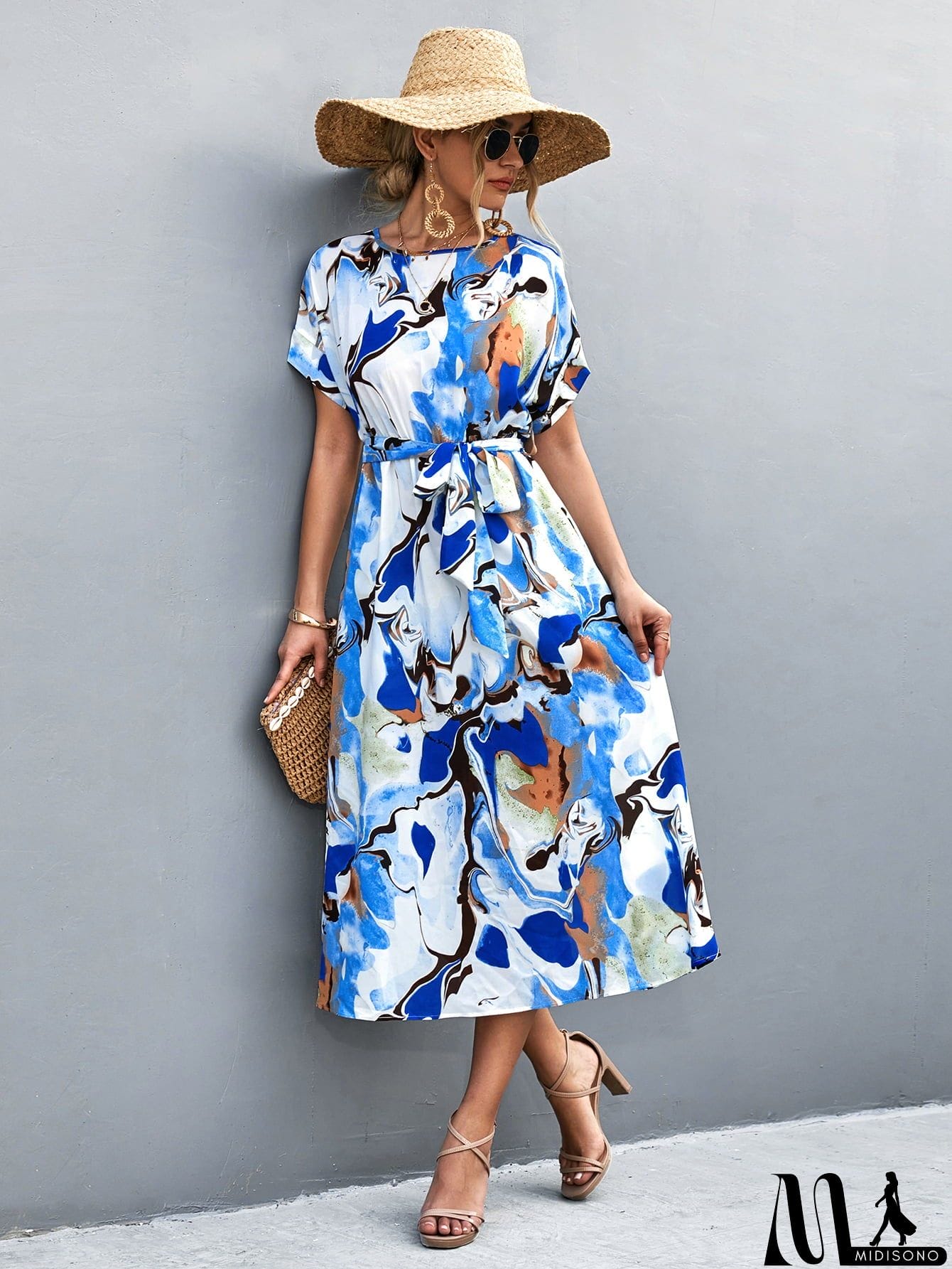 MidiSono - Round Neck Short Sleeve Tie Waist Midi Dress