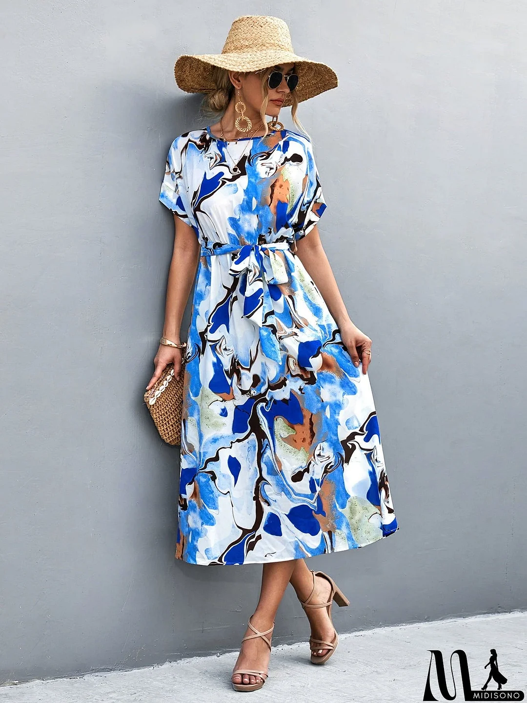 MidiSono - Round Neck Short Sleeve Tie Waist Midi Dress