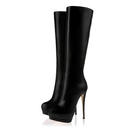 Women's Black Stiletto Heels Knee-high Platform Boots |FSJ Shoes