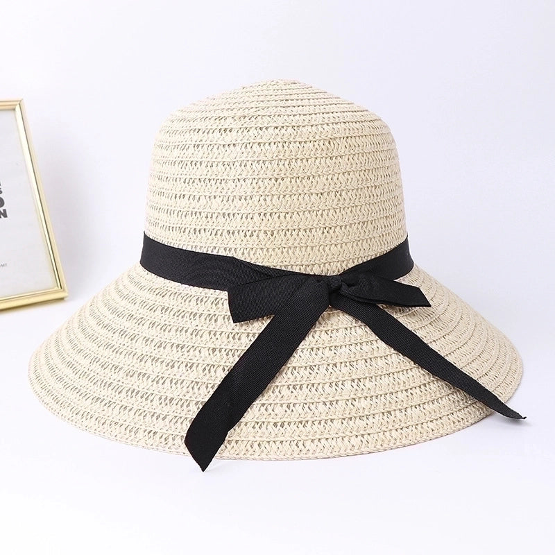 Women’s Pastoral Minimalist Solid Color Bowknot Big Eaves Straw Hat