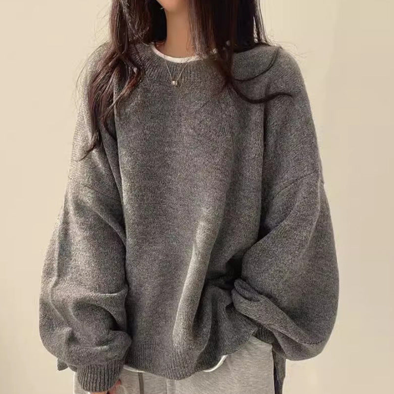 sweater Chic Autumn and Winter French Style Lazy round Neck Side Slit Loose Casual All-Match Long Sleeve Warm Knitted Sweater