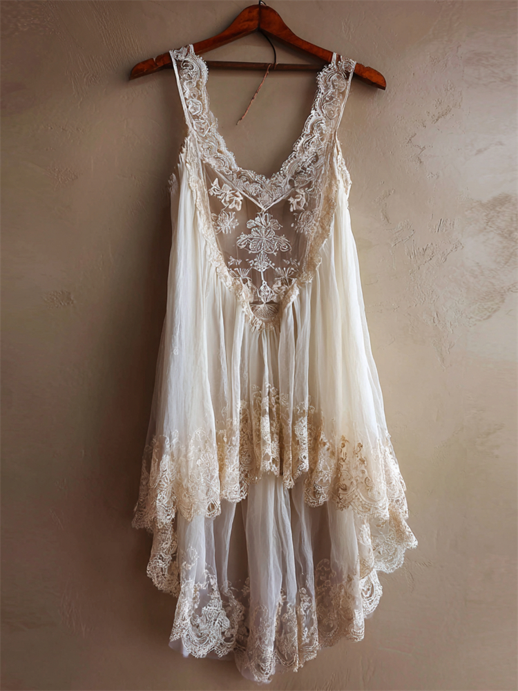 Vintage Floral Lace Layered Flowy Midi Dress elevenforest