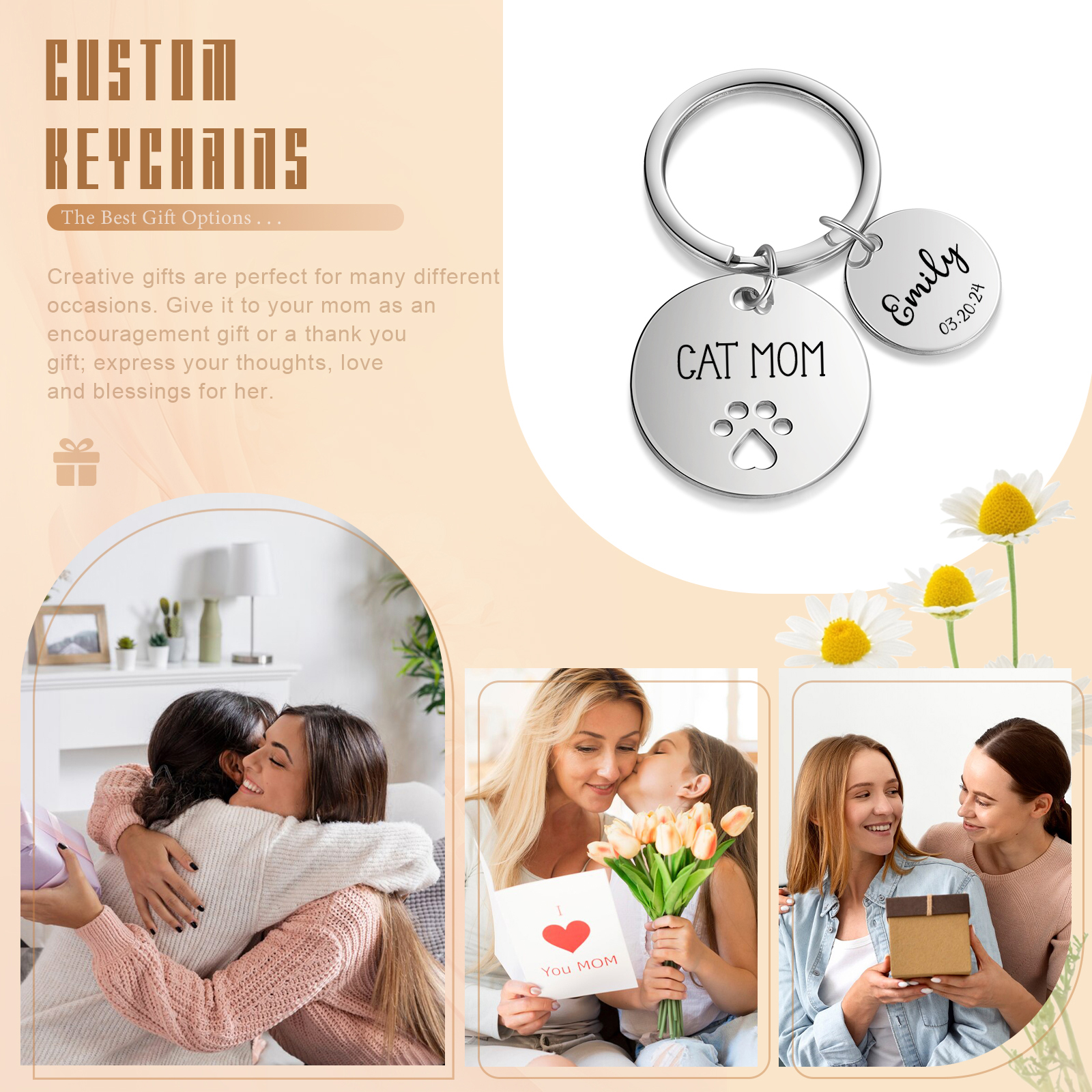 Personalised 1 Name & 1 Date & 1 Text Keychain Cat Paw Circle Charm Keychain Gifts for Mother/Grandma-Jessemade AU