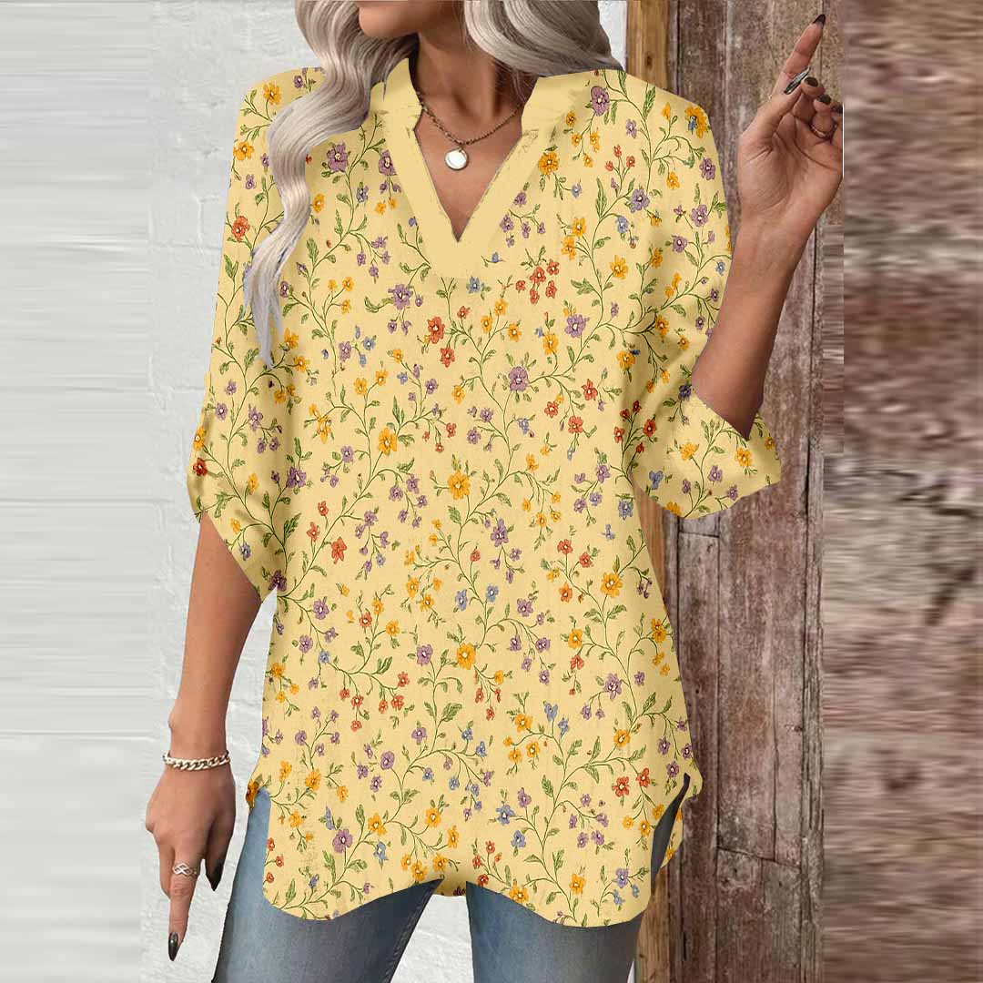 Women Floral, Yellow, Red DZGA0196 3/4 Sleeve V-neck Printed Graphic Button Tops