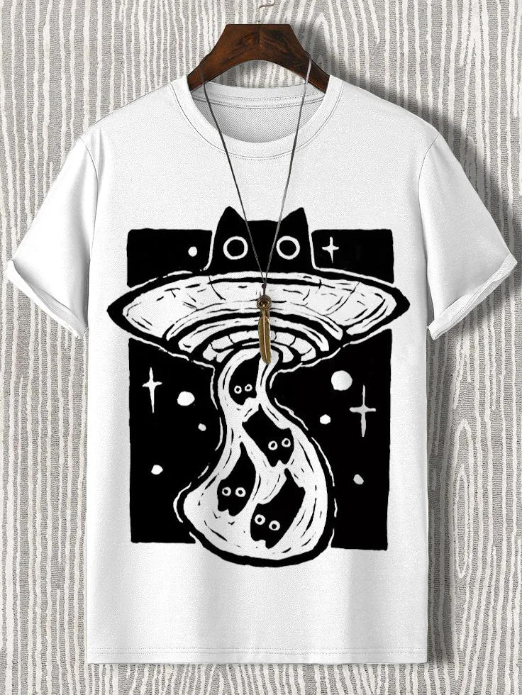 100% Cotton Men's UFO Abducts Cat Art Print Cotton Casual T-Shirt