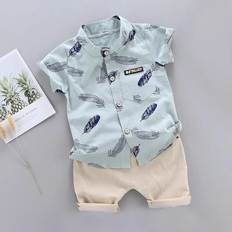 Summer Shirt Set for Toddler Baby Boy Clothing Suit New Fashion Feather Print Set Infant Boys Clothes Set
