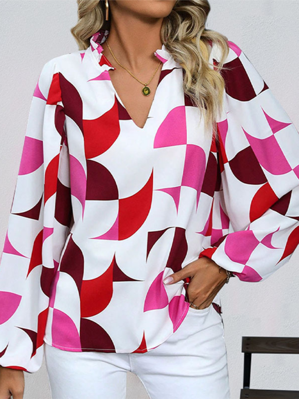 Mature Women New Geometric Print Long Sleeve Blouse Shirt Top