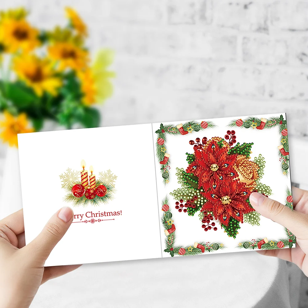 6pcs DIY Christmas Red Flower DIY Diamond Painting Card for Friends Family Gift【With White Envelope】