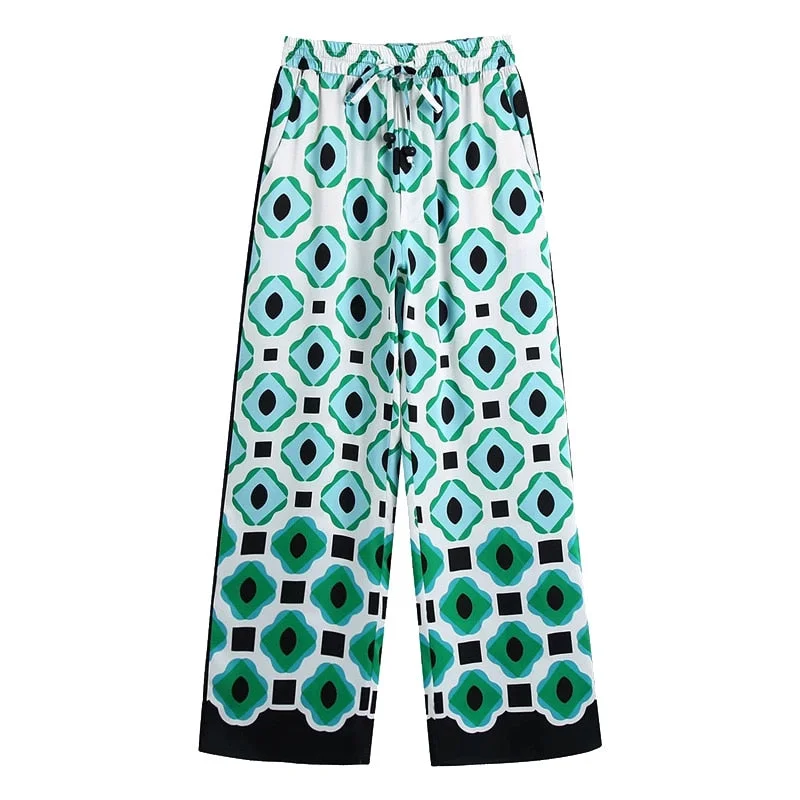 TRAF Women Chic Fashion Geometric Print Wide Leg Pants Vintage High Waist Waist Drawstring Female Ankle Trousers Mujer