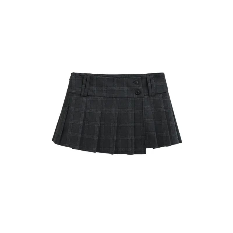 Safety Shorts Lined Button Detail Plaid Pleated Skirt High Waist Casual Mini Skirt