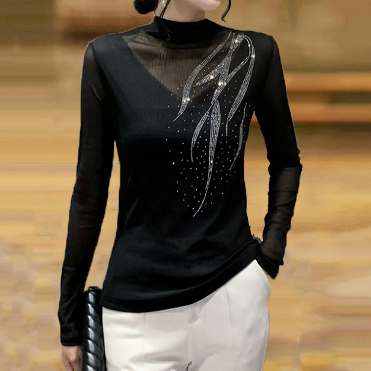 Wearshes See-through Look Drilling Long Sleeve T-Shirt