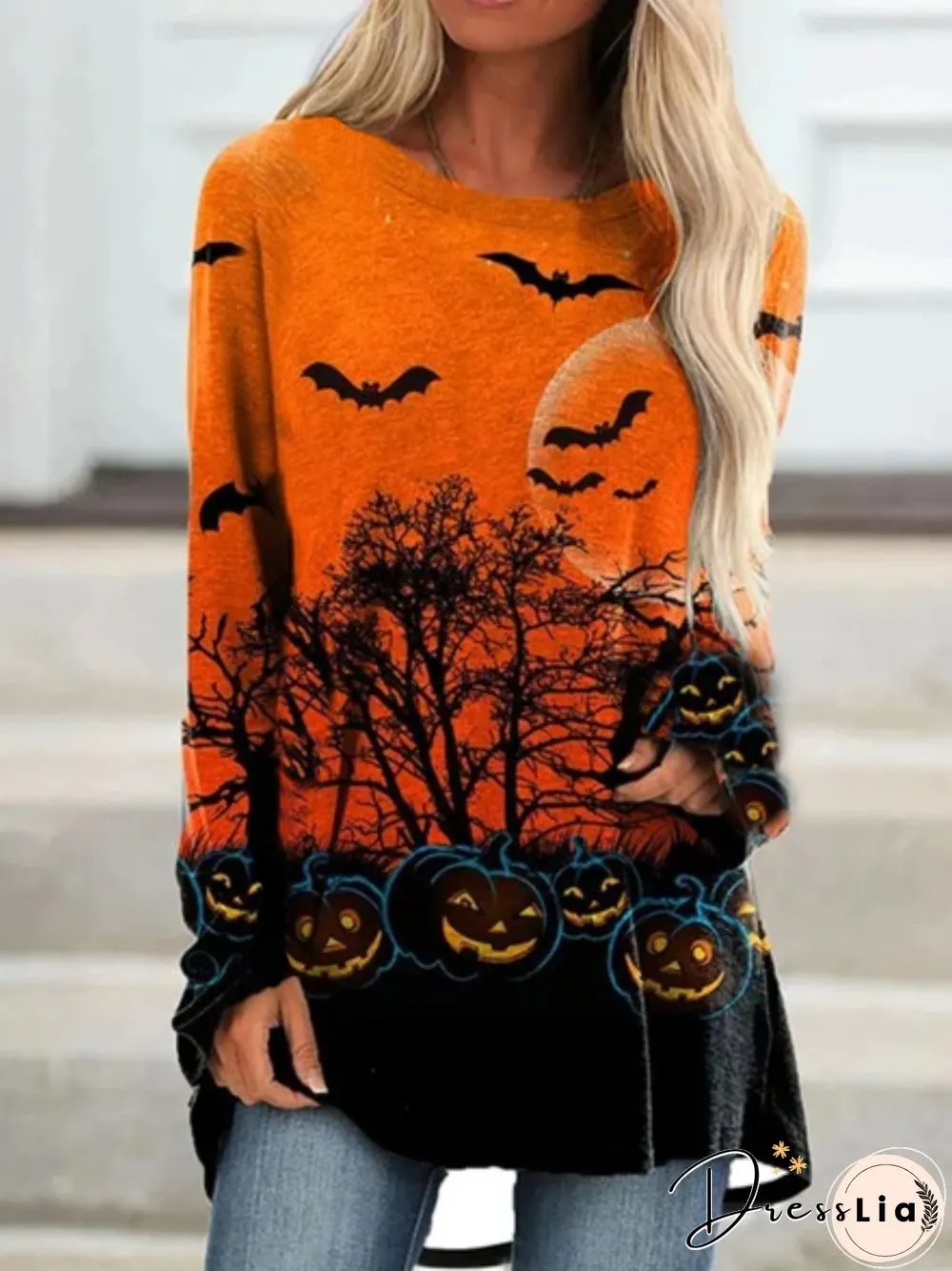 Casual Long Sleeve Round Neck Plus Size Printed Tops T-shirts