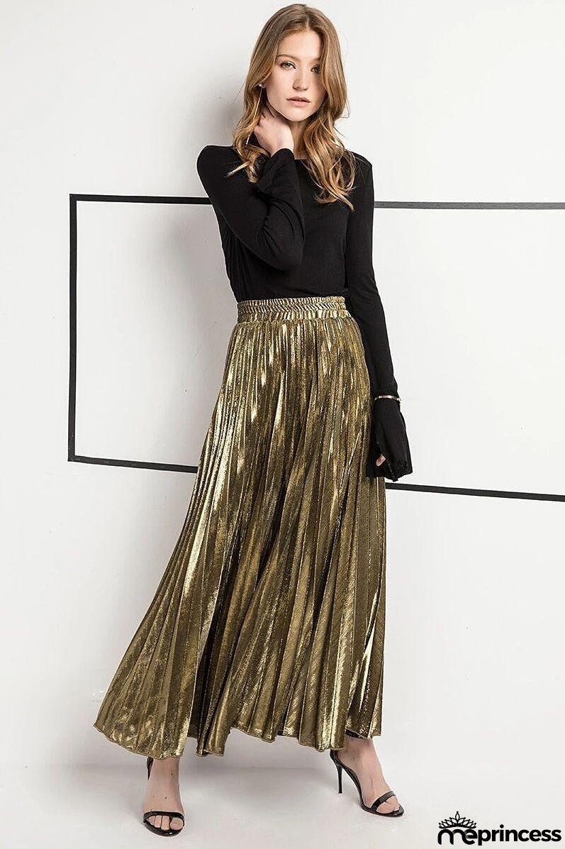 Women's Skirt Maxi Pleated Swing Long Skirt Silver Gold Skirts Shiny Metallic Shimmery Fashion Casual Daily S M L