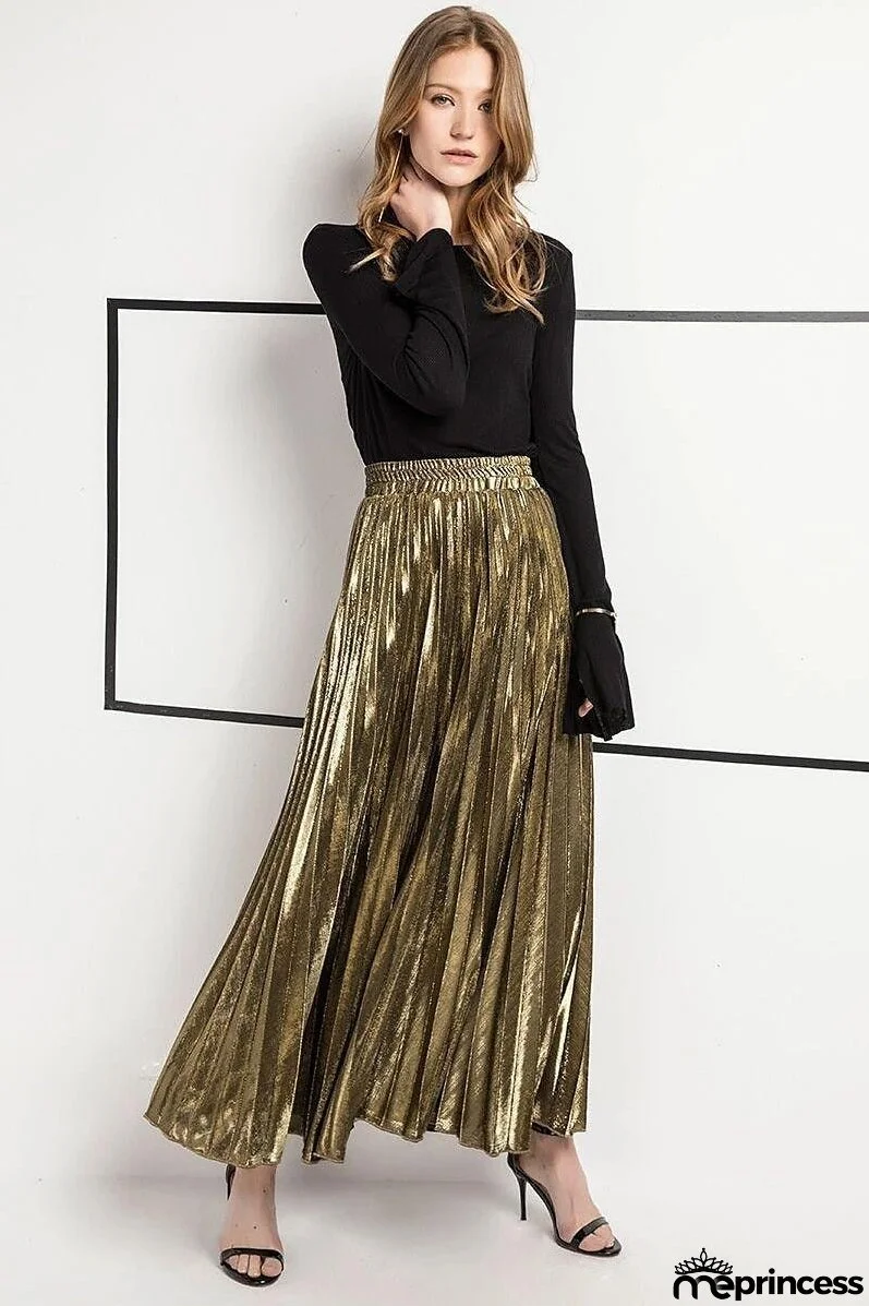 Women's Skirt Maxi Pleated Swing Long Skirt Silver Gold Skirts Shiny Metallic Shimmery Fashion Casual Daily S M L