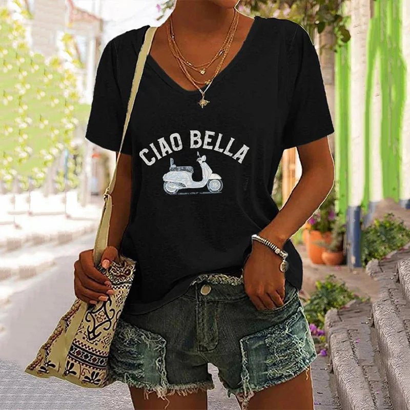 T-shirt da donna con scollo a V e stampa "Ciao Bella"