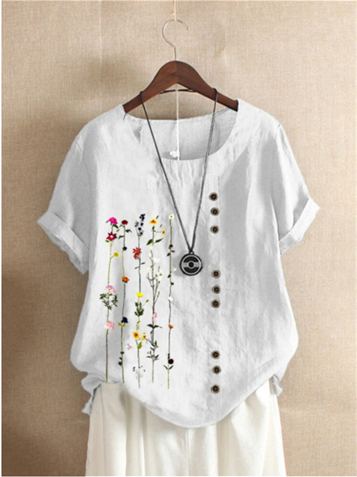 New Women's Retro Cotton Linen Printing Loose Round Neck Short Sleeve Shirt