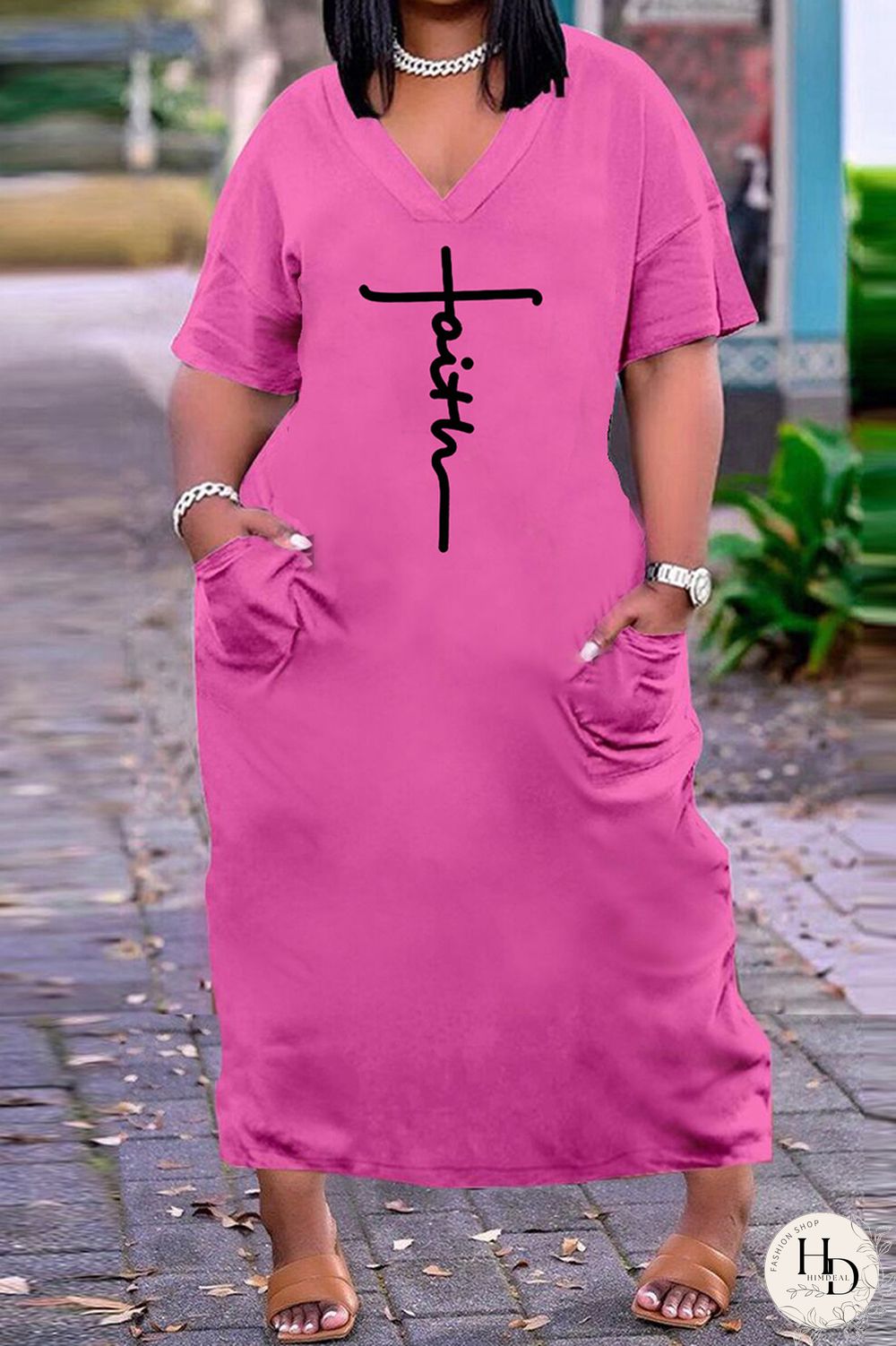 Rose Brown Fashion Casual Plus Size Print Basic V Neck Short Sleeve Dress