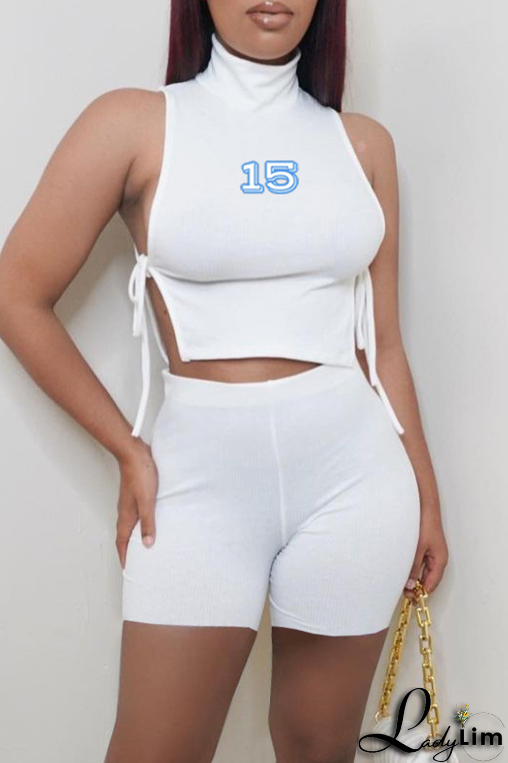 Yellow Fashion Print Draw String Half A Turtleneck Sleeveless Two Pieces