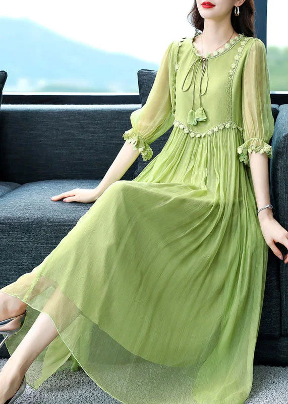 Bohemian Green Solid Color Lace Up Wrinkled Chiffon Dress Half Sleeve