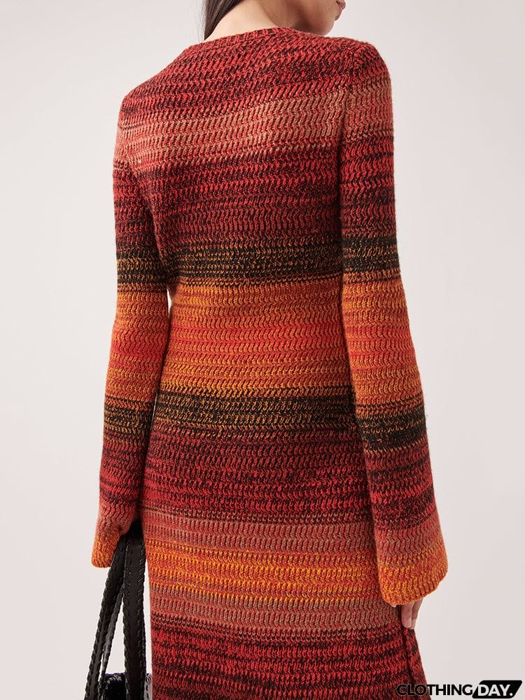 Bohemia Long Sleeves Color-Block Round-Neck Sweater Maxi Dresses