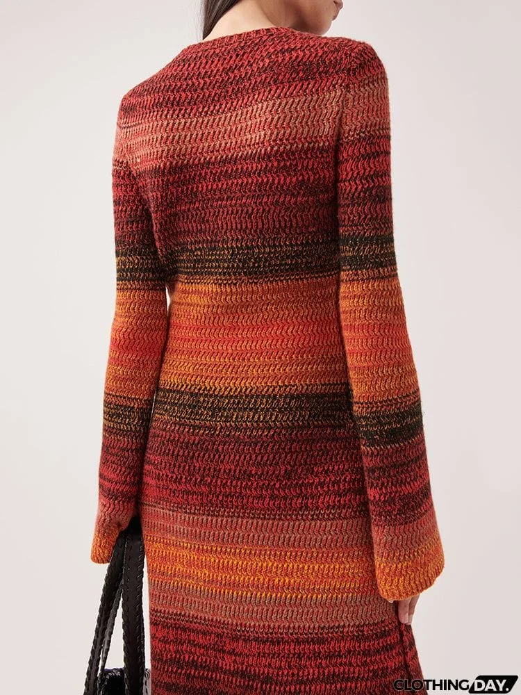 Bohemia Long Sleeves Color-Block Round-Neck Sweater Maxi Dresses
