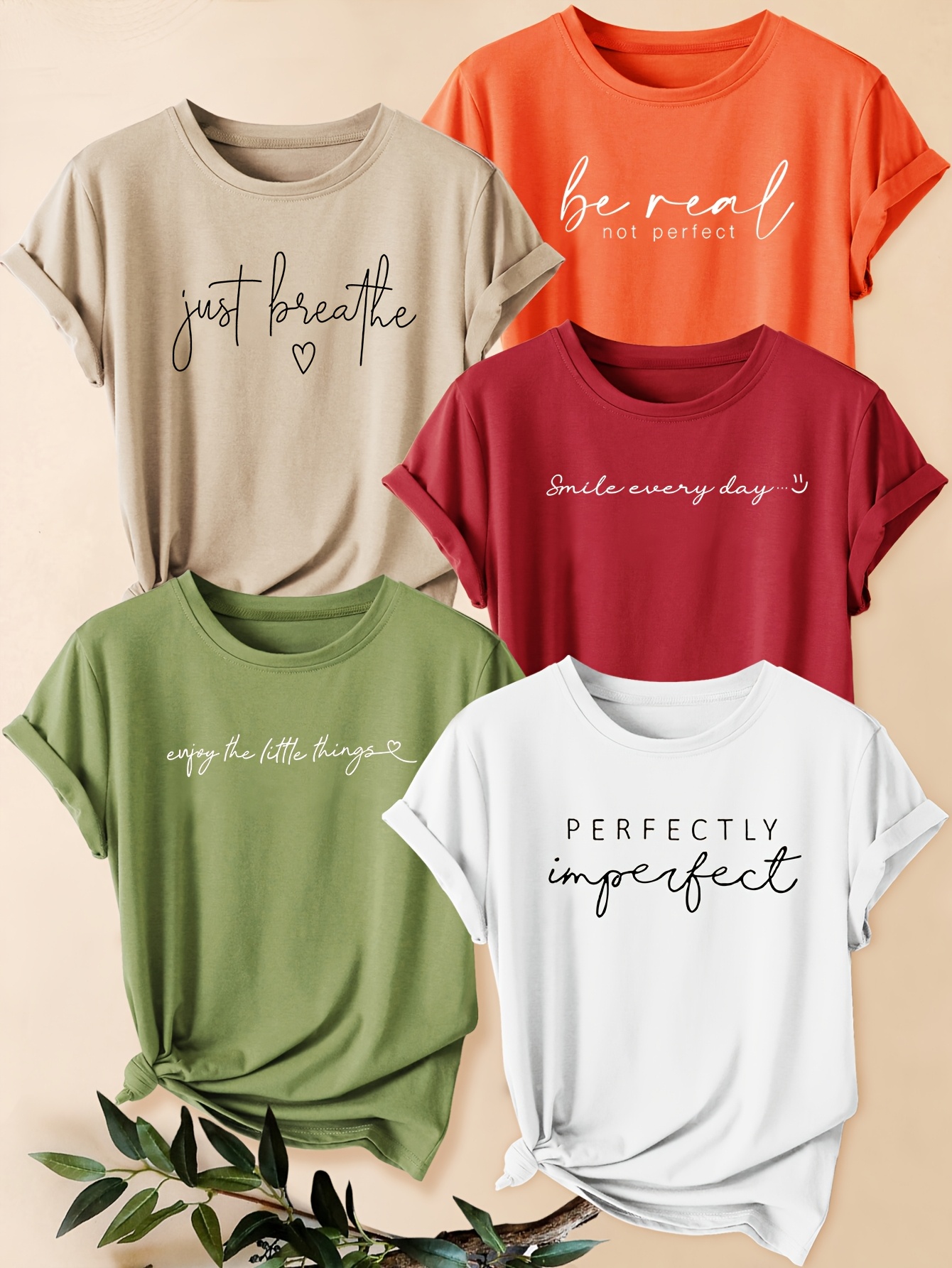5pcs Vintage Women's Motivational Quote T-Shirts | Soft Stretch Round Neck Short Sleeve Tees With Positive Affirmations, Machine Washable Casual Workout Tops For Spring Summer Fall - Olive Green, Peach, Orange, Beige, Red | IFYHOME