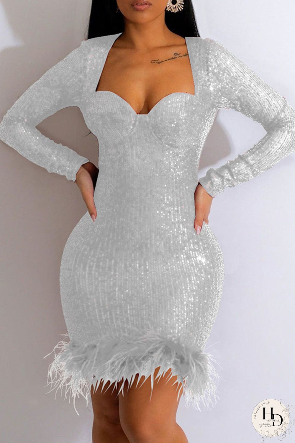 Silver Sexy Patchwork Sequins Feathers Square Collar Long Sleeve Dresses