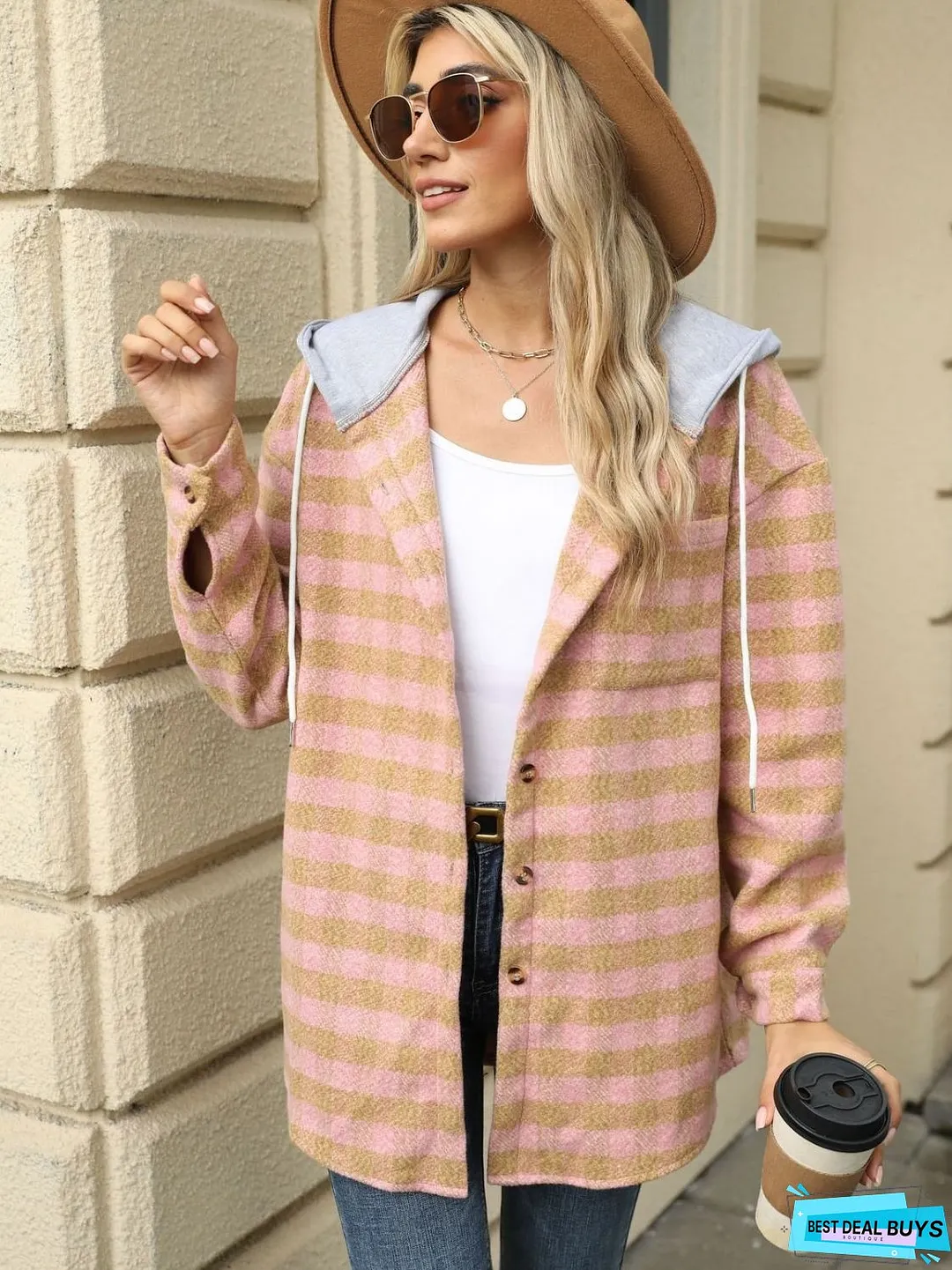 Drawstring Plaid Long Sleeve Hooded Jacket