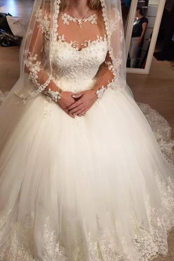 Stylish A-line Sweetheart Tulle Long Wedding Dress With Sleeves | Ballbellas Ballbellas