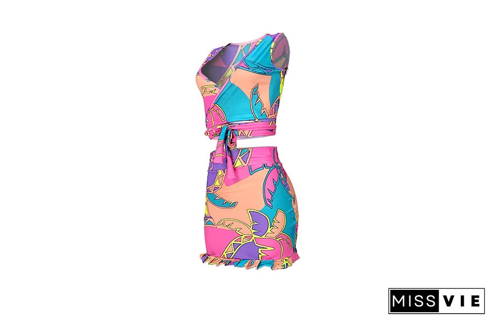 Women Streetwear Fashion Summer Print Bandage Crop Top Mini Skirt Party Clubwear Two Piece Set