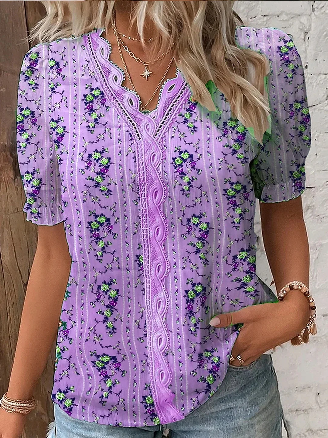 Women Short Sleeve V-neck Floral Printed Lace Tops