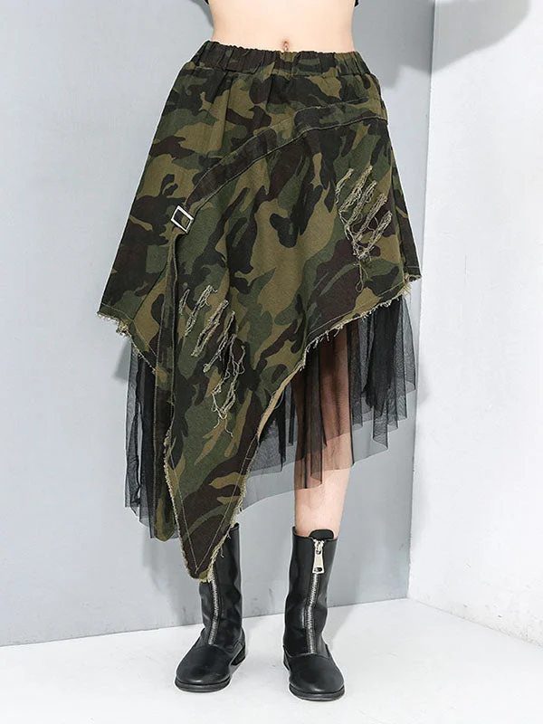 Street Irregular Camouflage Patchwork Fringed Gauze Streamer Clipping Skirt