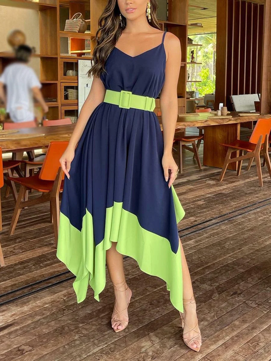 Colorblock slip dress with irregular hem