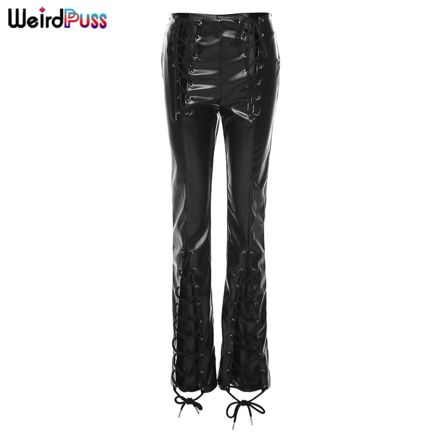 Weird Puss Sexy Y2K Leather Pants Hollow Bandage Bottoms Women Wild Streetwear Flare Pants Chic Ripped Hip Hop Faux Pu Trousers