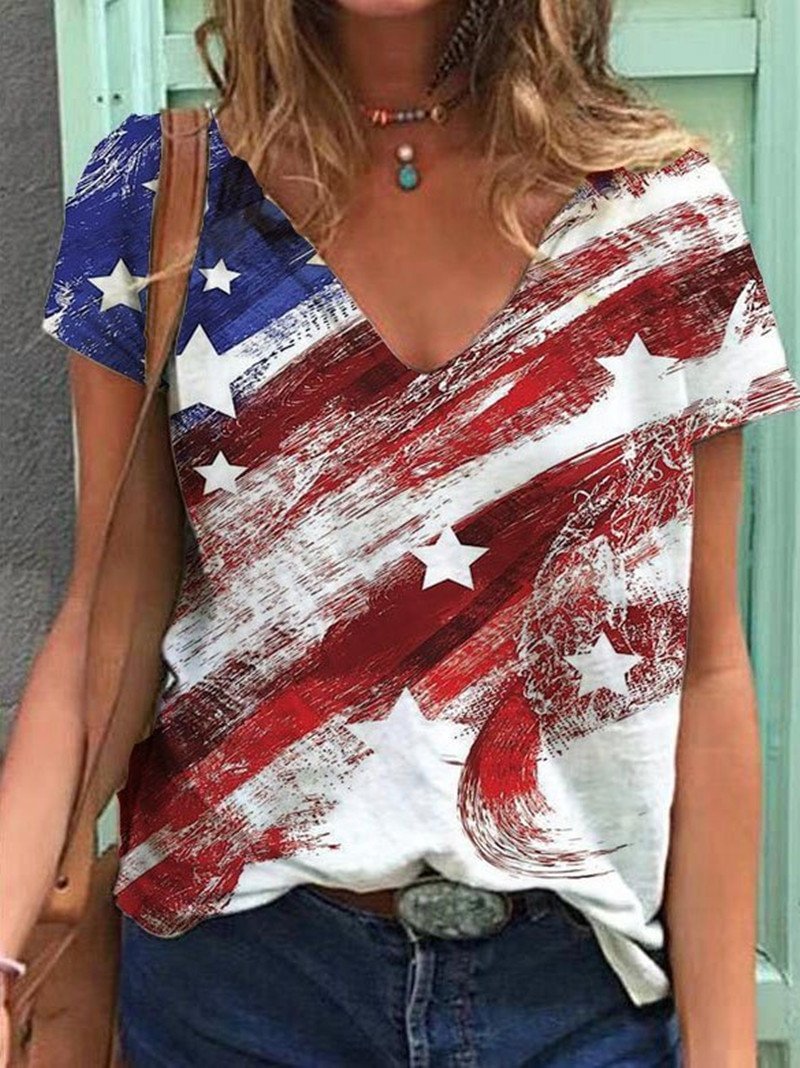 Women Printed Short Sleeved V-neck T-shirt