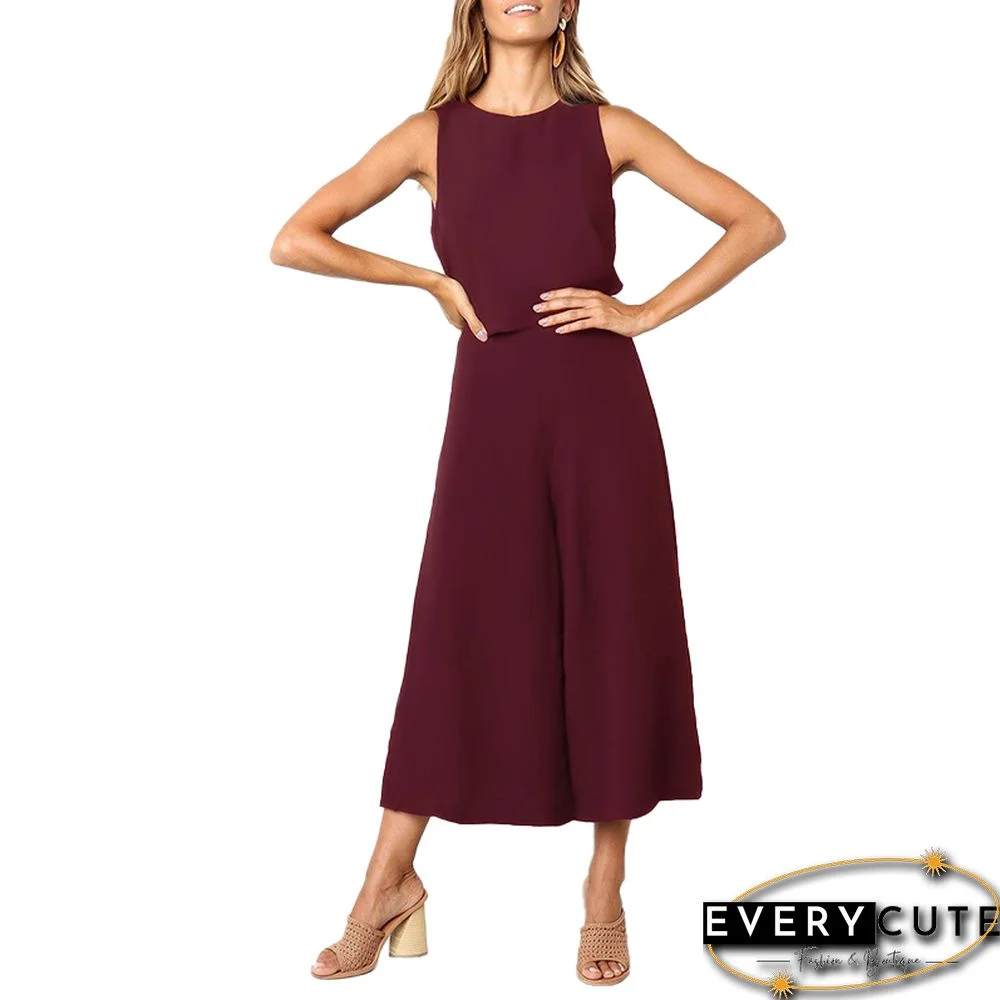 Wine Sleeveless Wide Leg Jumpsuit