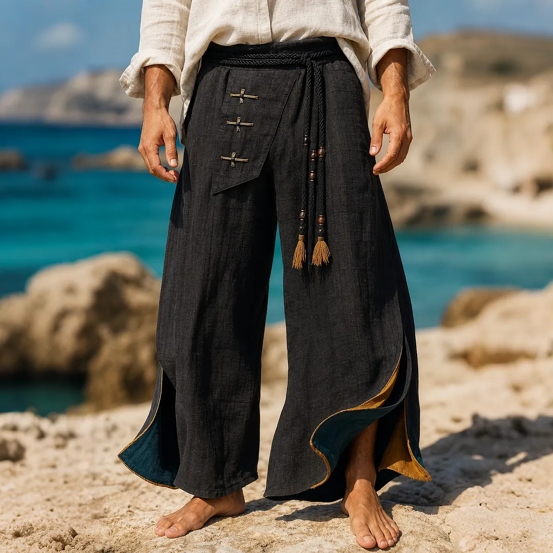 Black Linen Blend Wide-Leg Wrap Pants With Tassel Belt And Gold Toggle Closure &ndash; Bohemian Style Summer & Autumn Casual Trousers-INSPIREUSE
